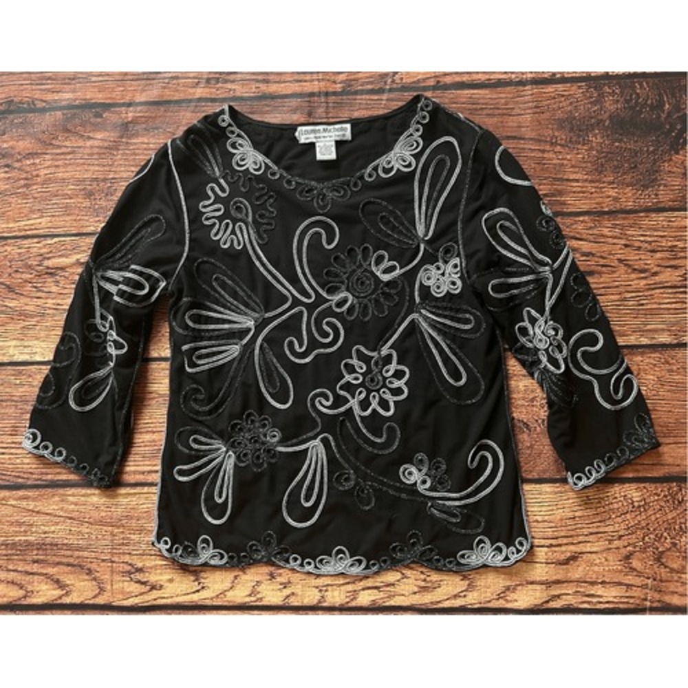 Vintage‎ Lauren Michelle Womens Top Medium Black Floral Embroidered
